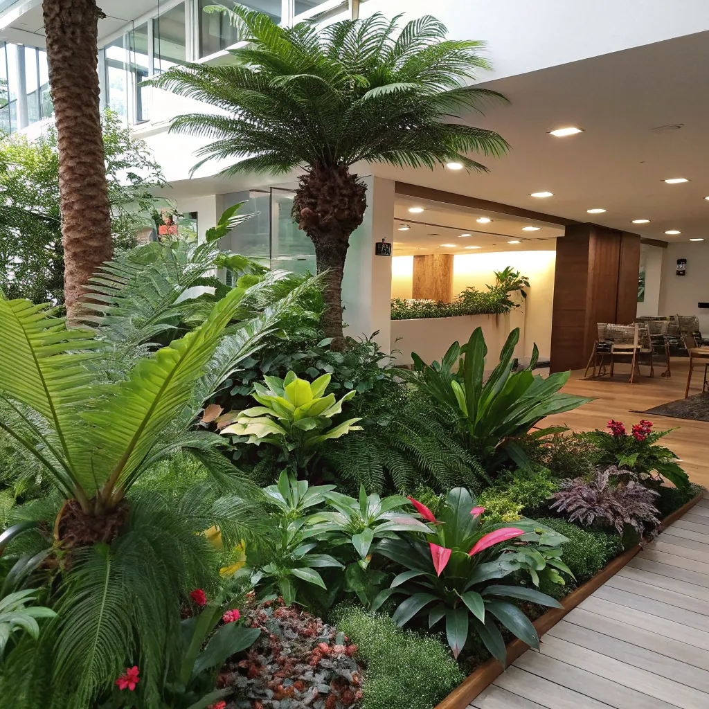 Lush indoor garden with various plants